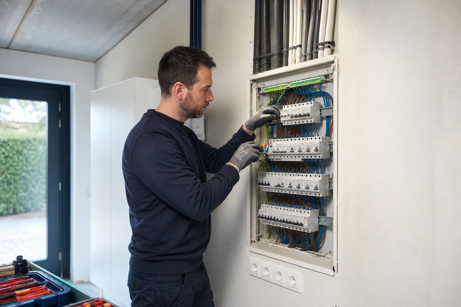 Elektricien werkt aan een merkloos Europees verdeelbord