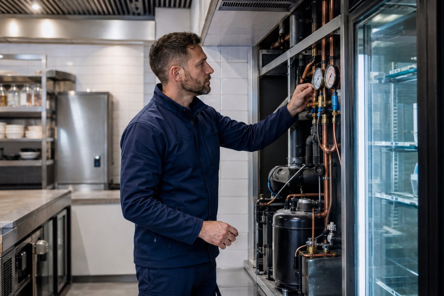 Technicus controleert een merkloze koelinstallatie